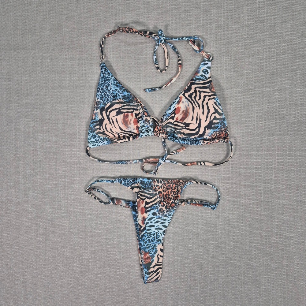 Animal Print Triangle Bikini Halter Tie Side Set Blue Leopard Tiger Size Small